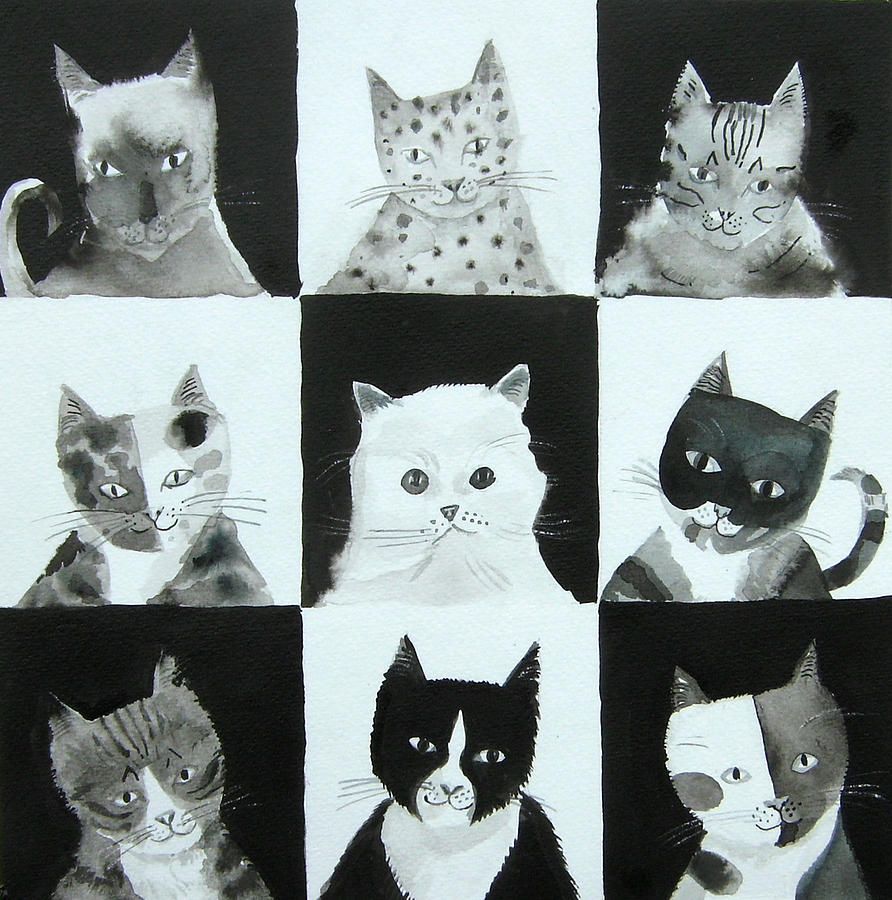 892x900 Cats Painting - Black And White Cat Painting