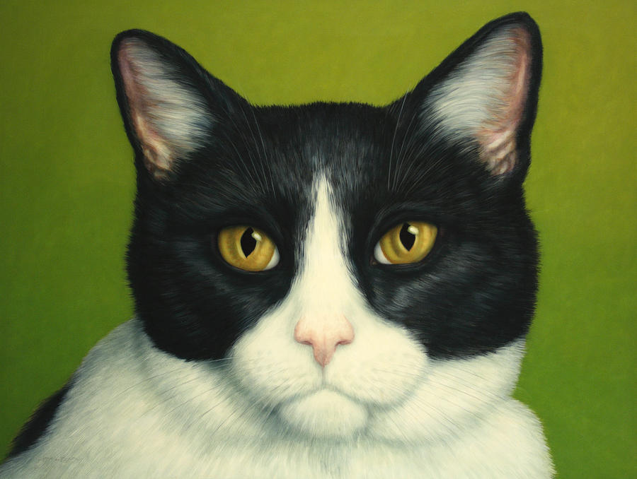 900x678 A Serious Cat Painting By James W Johnson - Black And White Cat Painting