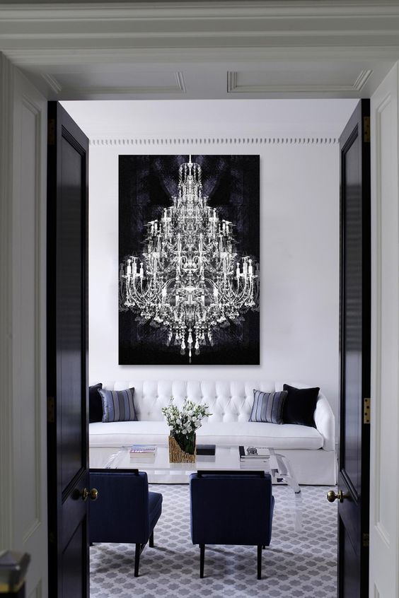 564x846 White Sofa Black Pillows Striped Pillows Dark Blue Chairs Large - Black And White Chandelier Painting