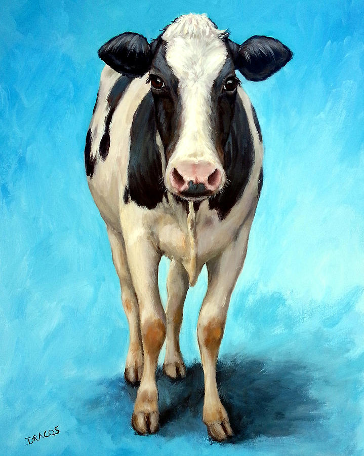 719x900 Holstein Cow Standing On Turquoise Painting By Dottie Dracos - Black And White Cow Painting
