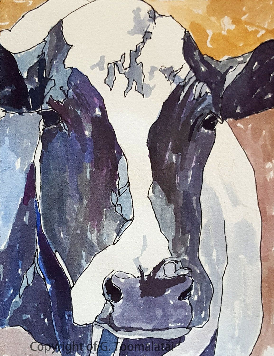 1155x1500 Holstein Original Watercolor Painting 6.5 X 5 Inches Cow - Black And White Cow Painting