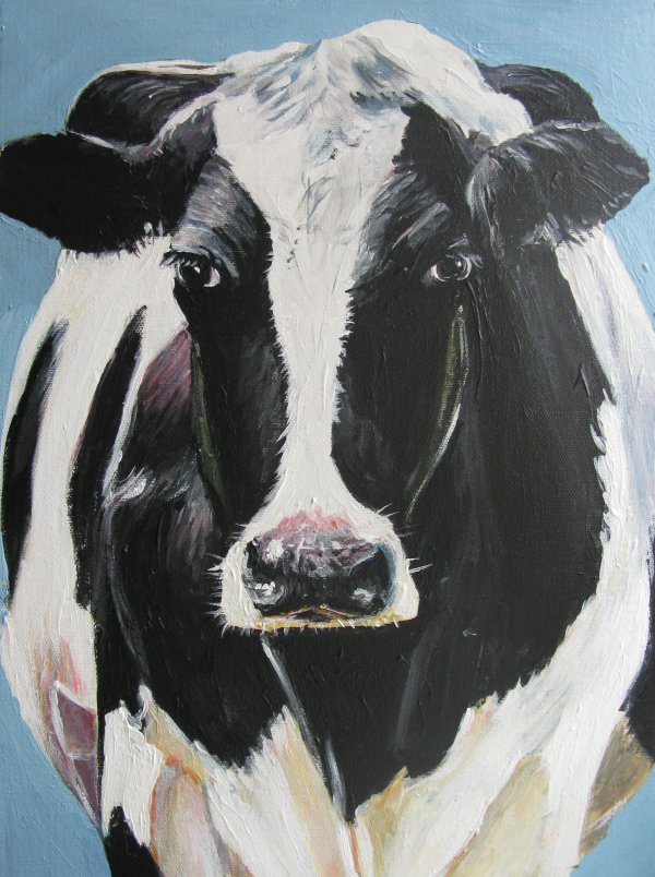 600x804 Original Paintings By John Mcbrien Black White Cow On Blue - Black And White Cow Painting