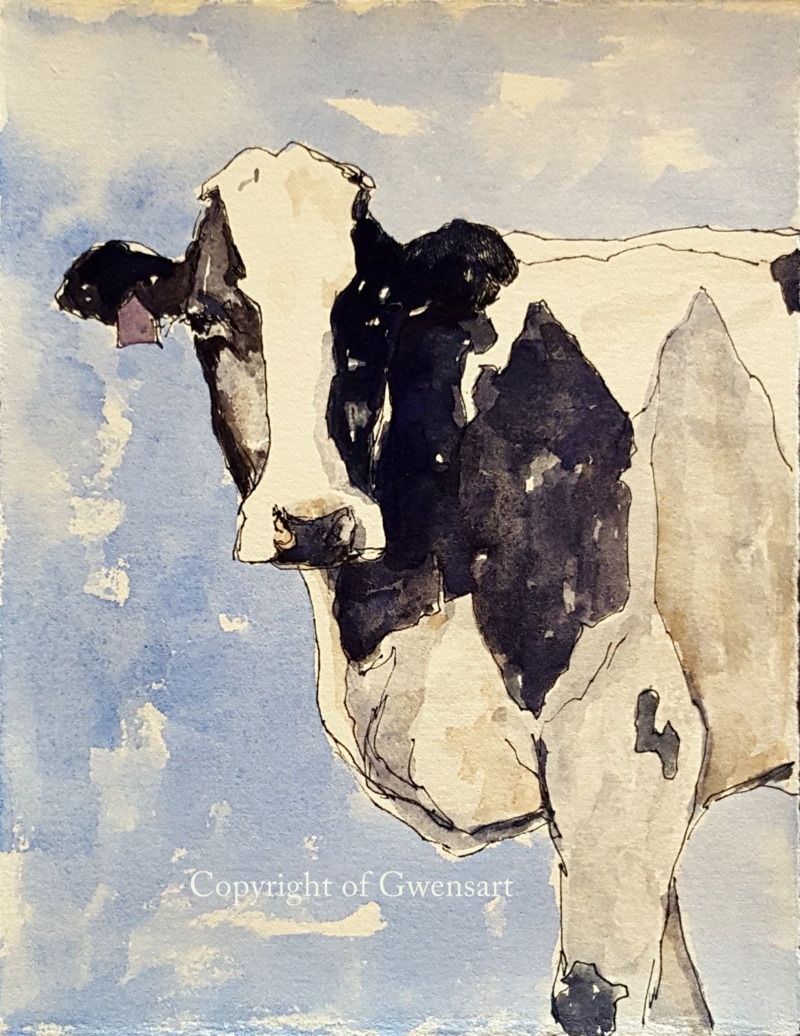 1159x1500 Cow Looking In Blue Original Watercolor Painting Cow Painting Cow - Black And White Cow Painting