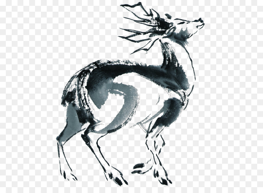 900x660 Black And White Deer Visual Arts Ink Wash Painting Chinese - Black And White Deer Painting