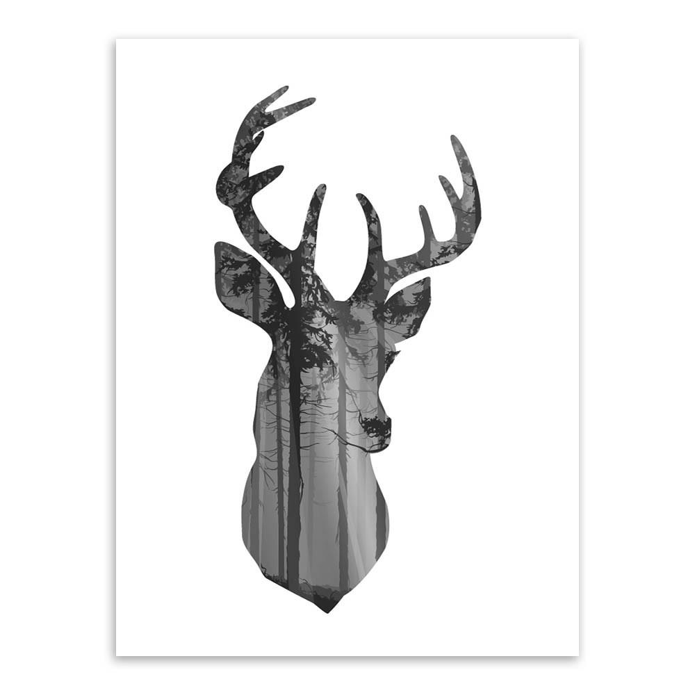 1000x1000 Modern Nordic Black White Animal Silhouette Deer Art Print Poster - Black And White Deer Painting