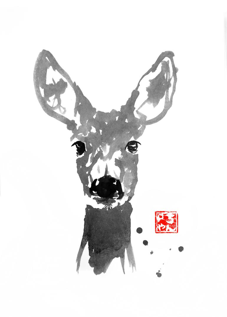 770x1075 Saatchi Art Small Deer Painting By Pechane Sumie - Black And White Deer Painting