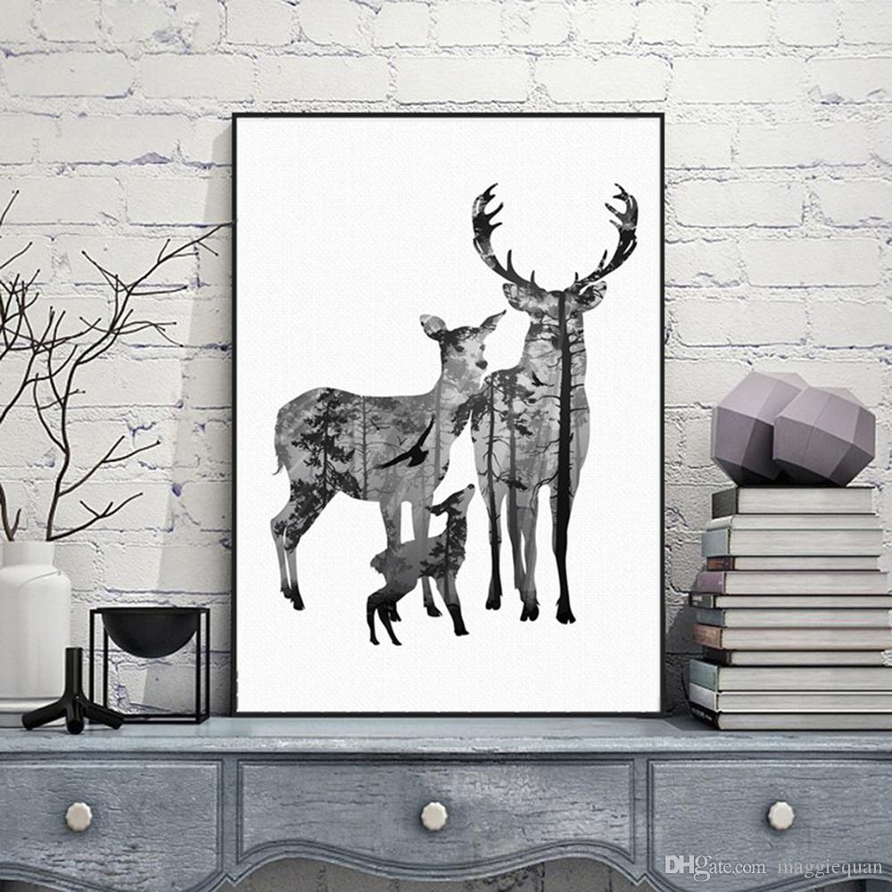 1000x1000 2018 Nordic Vintage Deer Head Silhouette Posters Black White - Black And White Deer Painting
