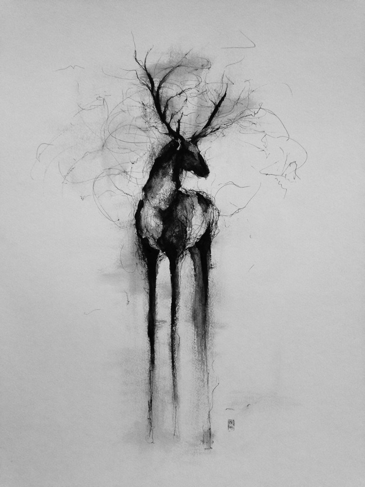 750x1000 Halt713 Rachel Gardner Studio Mixed Media Houston Art Painting - Black And White Deer Painting