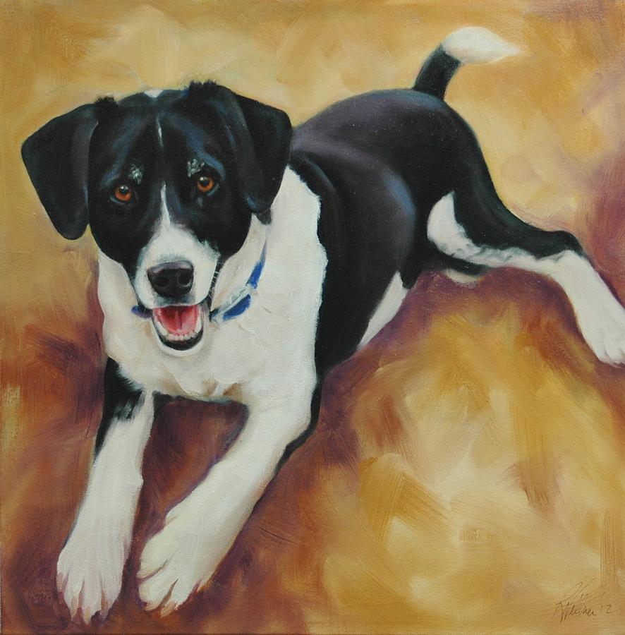 886x900 Black And White Dog Painting By Pet Whimsy Portraits - Black And White Dog Painting