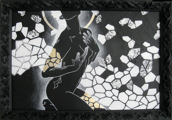 570x397 Figure Painting Black And White Modern Mixed Media Art Framed. - Black And White Figure Painting