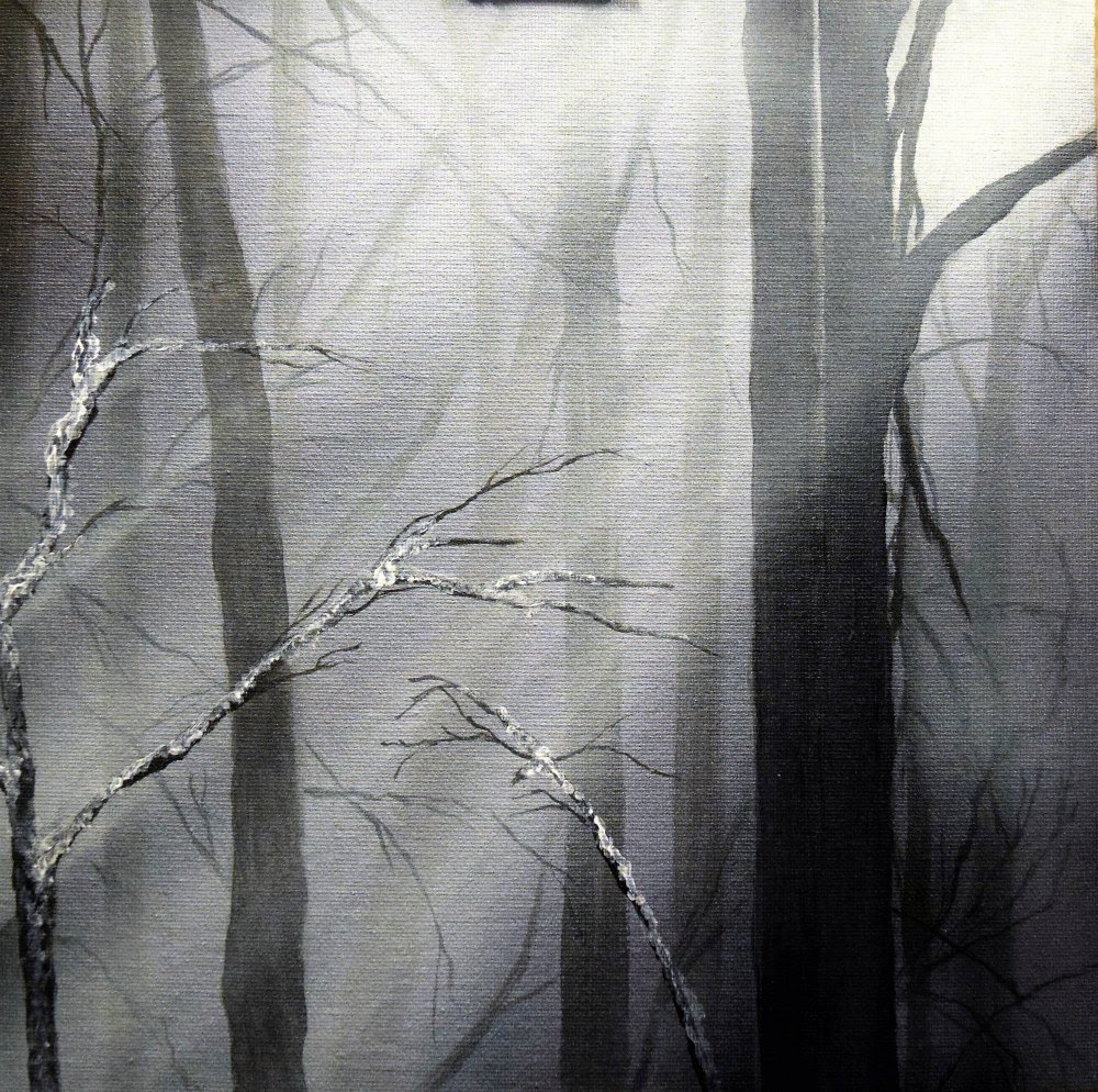 1000x994 Easy Black White Misty Forest Painting In Acrylic And Airbrush - Black And White Forest Painting