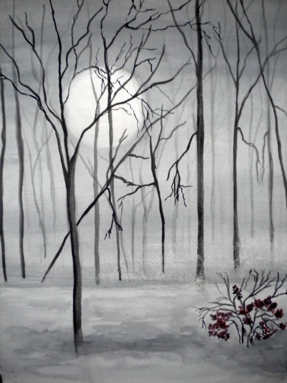 570x760 Items Similar To Original Watercolor Painting Winter Landscape - Black And White Forest Painting