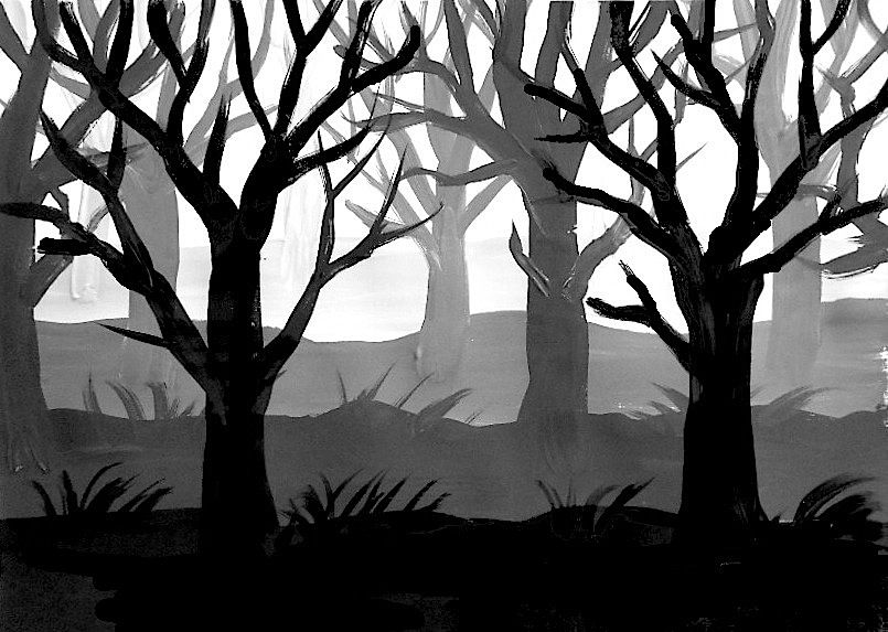 805x573 Trees In Gradation White Paper, Acrylics And Drawings - Black And White Forest Painting