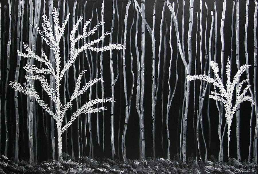 900x606 Aspen Forest Painting By Dolores Deal - Black And White Forest Painting