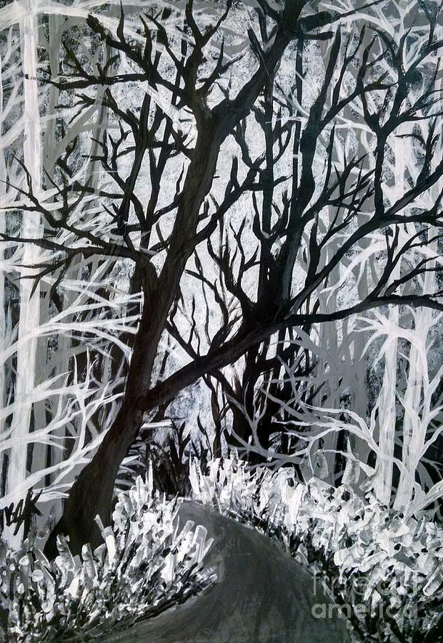 620x900 Black And White Forest Painting By Barbra Kotovich - Black And White Forest Painting