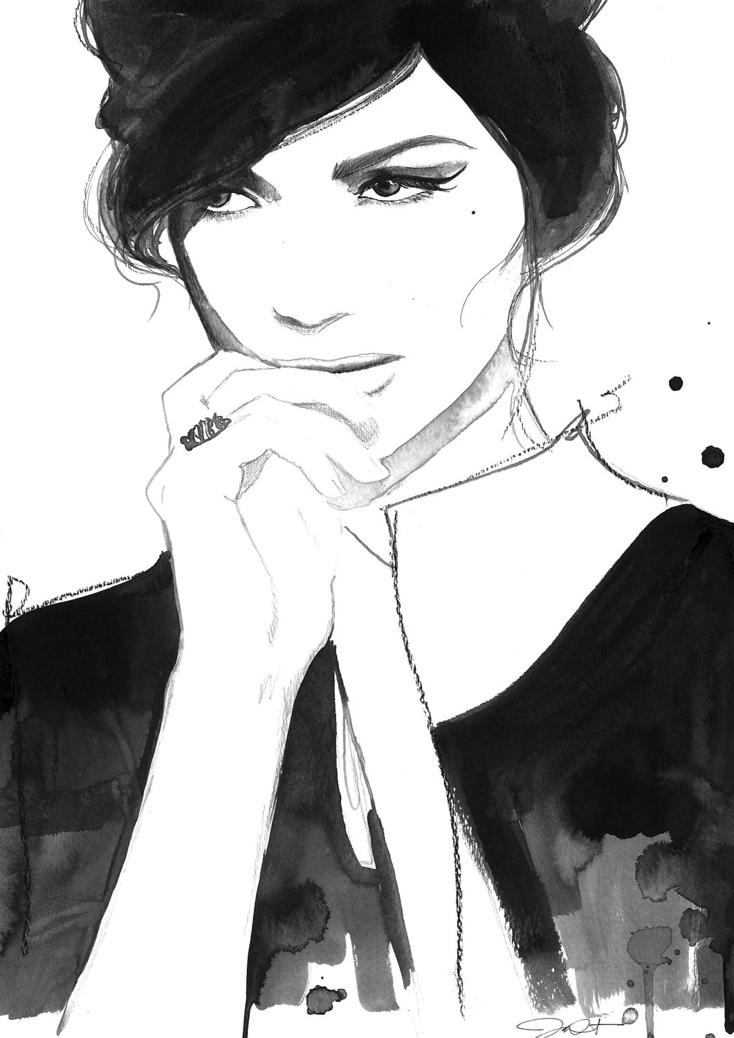 1061x1500 Print Of Original Fashion Illustration By Jessica Durrant - Black And White Girl Painting