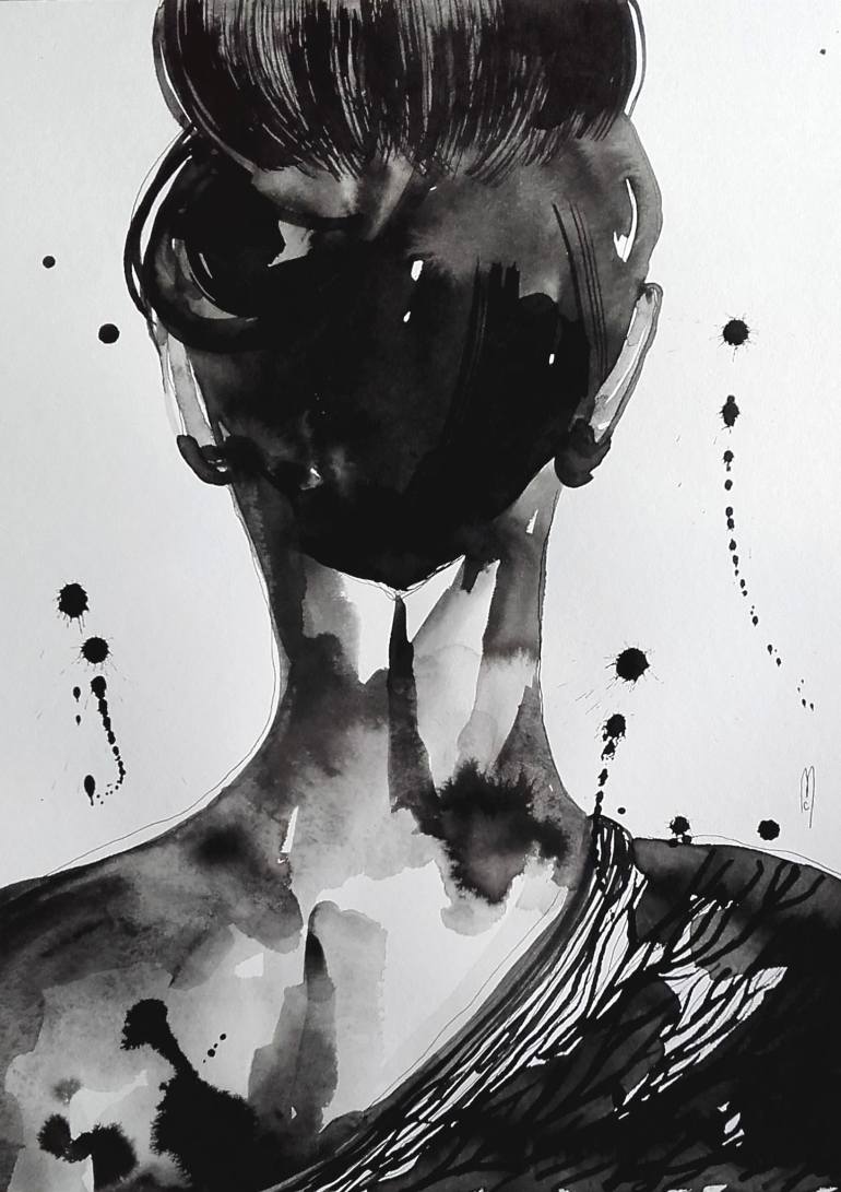 770x1091 Saatchi Art Woman Watercolor Ink Back Woman Painting By Marcoz - Black And White Girl Painting