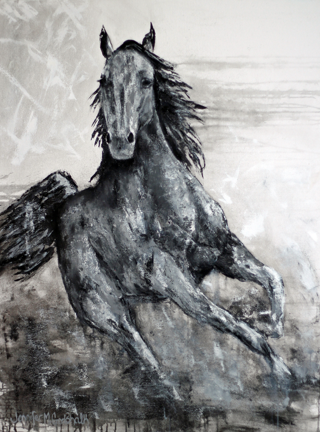 648x874 Contemporary Bear Painting By Colorado Artist Jennifer Morrison - Black And White Horse Painting