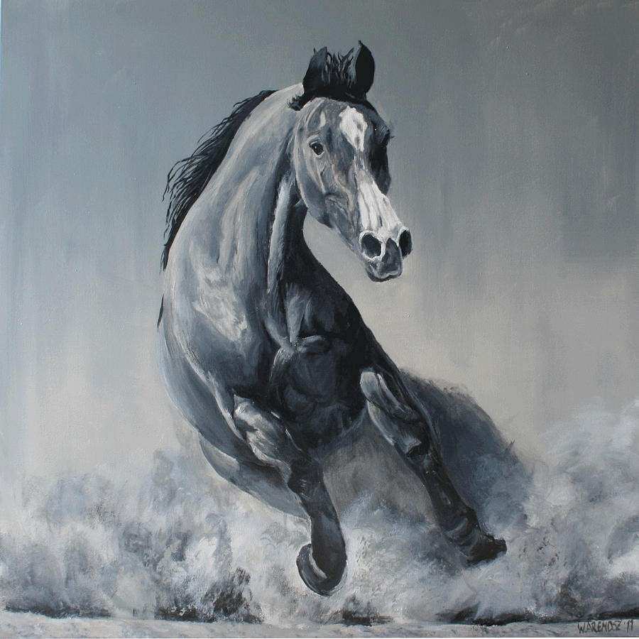 900x900 Black And White Horse Wall Art Elegant Wild Horse Painting By - Black And White Horse Painting
