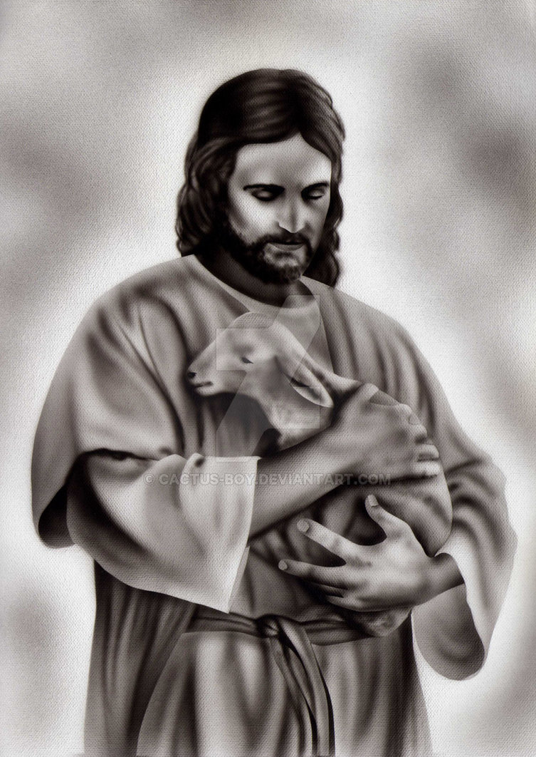 753x1062 Jesus And Lamb Painting By Cactus Boy - Black And White Jesus Painting
