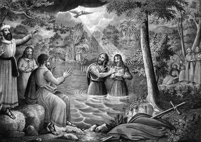 650x460 Baptism Of Jesus Christ By Vintage Works - Black And White Jesus Painting