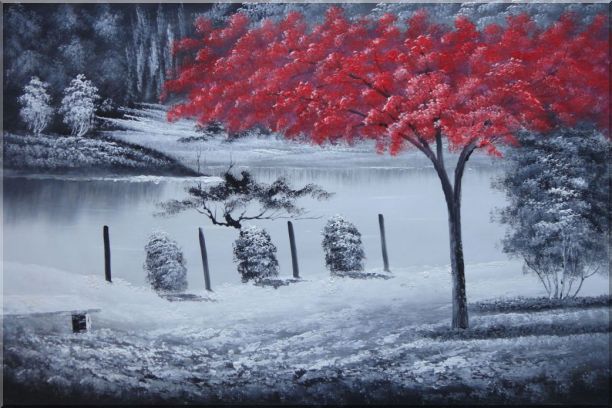 612x408 Red Tree In Black And White Landscape Oil Painting Naturalism 24 X - Black And White Landscape Painting