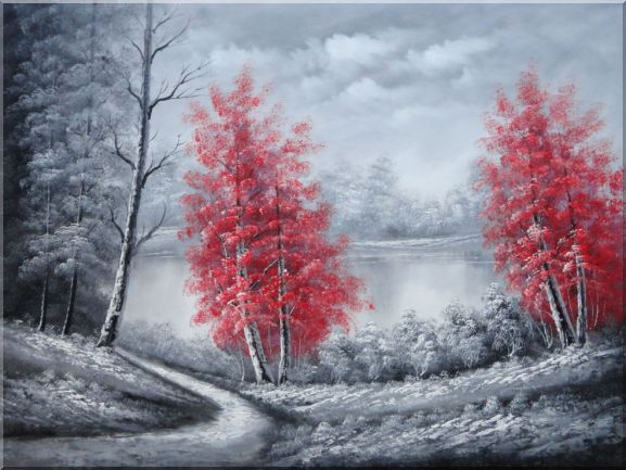 577x433 Two Red Leave Trees In Black And White Landscape Oil Painting - Black And White Landscape Painting