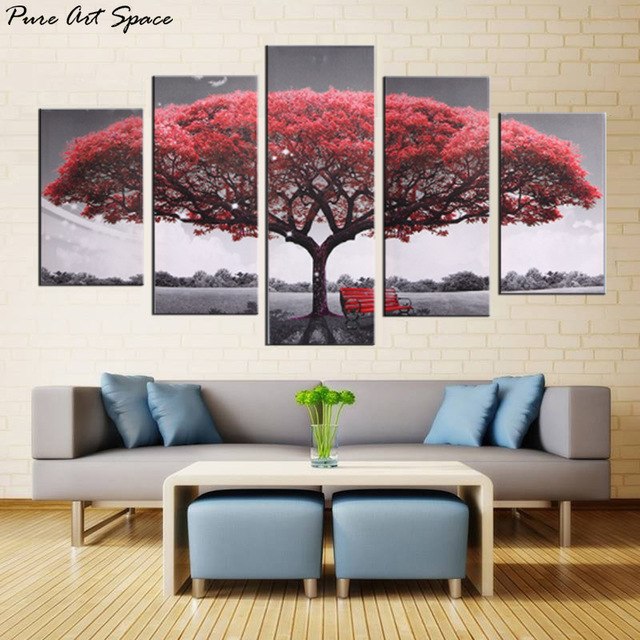 640x640 Black White Red Pictures Hd Prints Red Tree Modern Art Oil - Black And White Landscape Painting