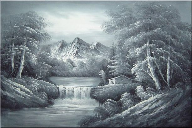 612x408 Black And White Cascade, Small House Scene Oil Painting Landscape - Black And White Landscape Painting