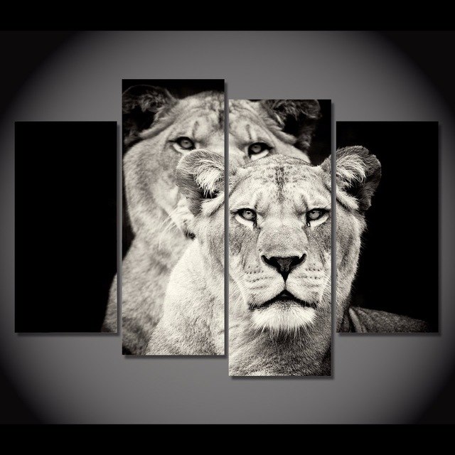 640x640 Hd Printed 4pcs Black And White Lion Painting On Canvas Room - Black And White Lion Painting