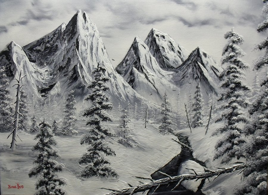 900x655 Black And White Winter By Donbowling - Black And White Mountain Painting