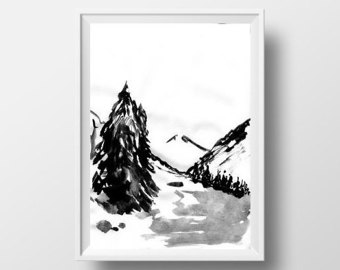 340x270 Items Similar To Mountain Range Simple Painting Black White Sumi E - Black And White Mountain Painting