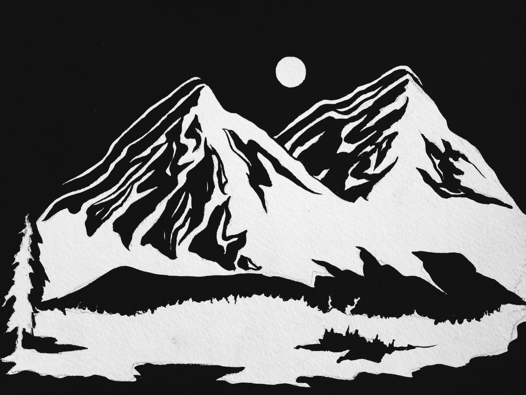 1024x768 Mountain Ink Painting By Erica Agafonova - Black And White Mountain Painting