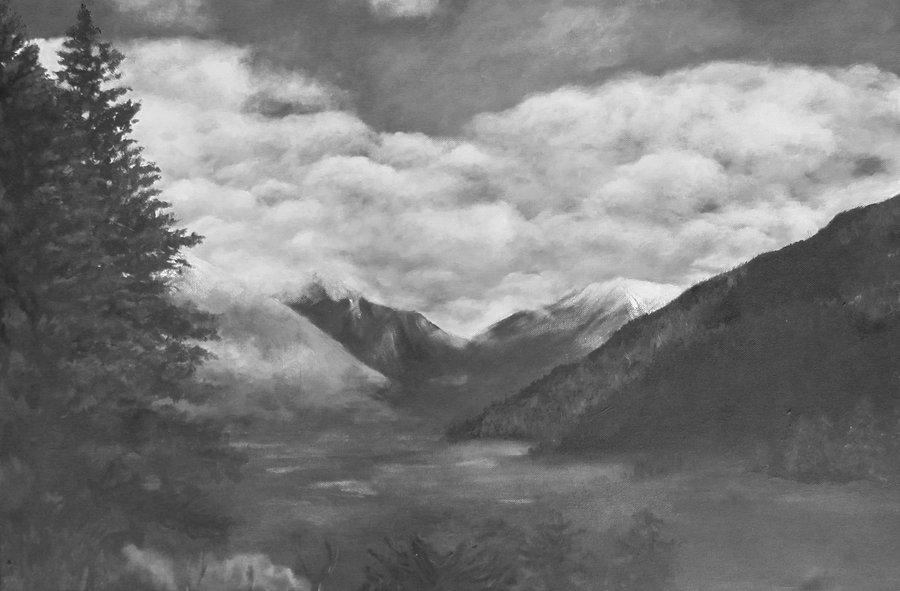 900x591 New Zealand (Acrylic Black And White Painting) By Joannatu - Black And White Mountain Painting