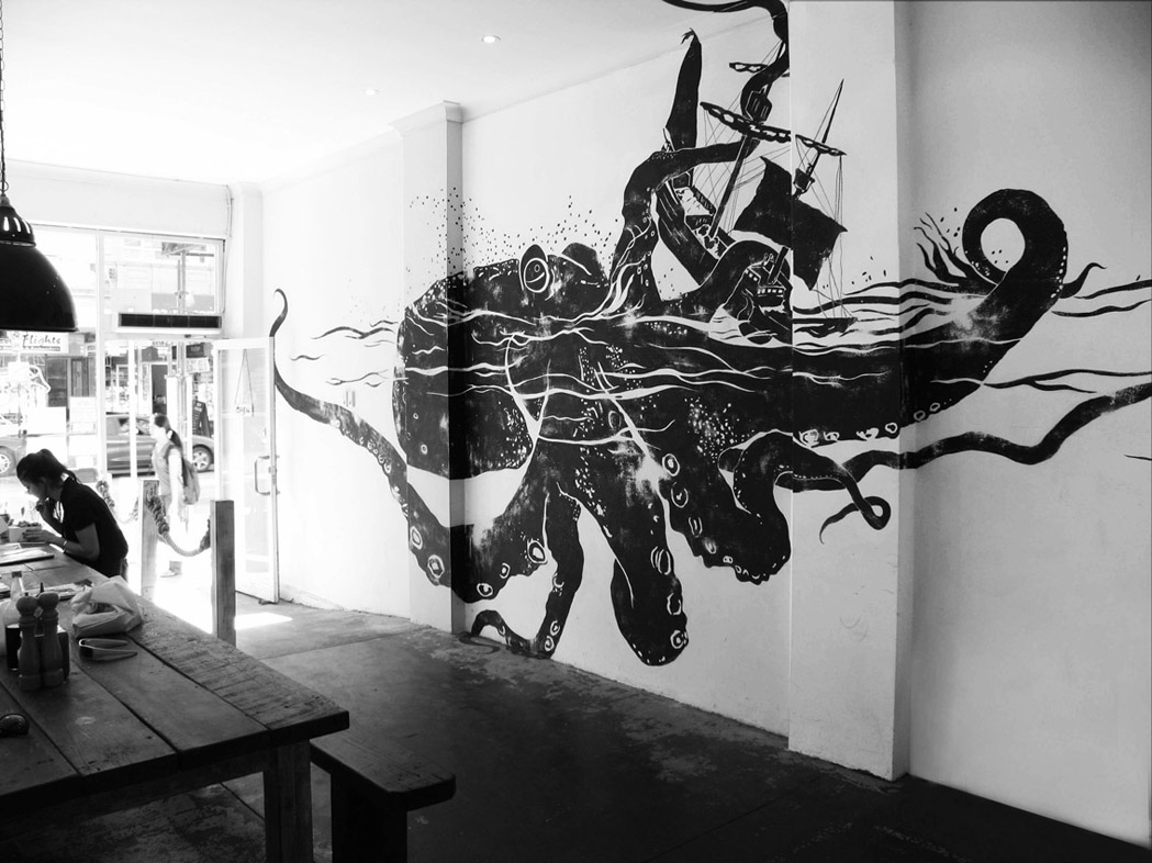 1049x786 Hooked Mural Ubersuper - Black And White Octopus Painting