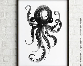 340x270 Octopus Art Print Bathroom Decor Large Wall Art Gift - Black And White Octopus Painting