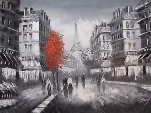 300x225 Paris Street Eiffel Tower Black White Large Oil Painting Canvas - Black And White Oil Painting