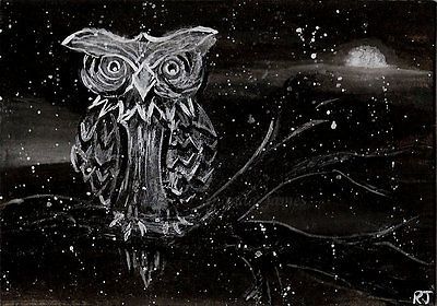 400x280 Nfac Feb Black White Owl Midnight Moon Tree Original Painting Art - Black And White Owl Painting