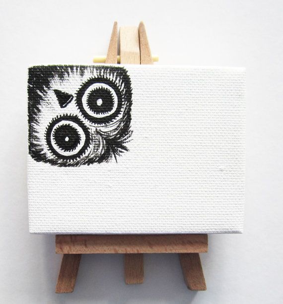 570x613 Original Miniature Acrylic Painting. Original Art, Owl, Black - Black And White Owl Painting