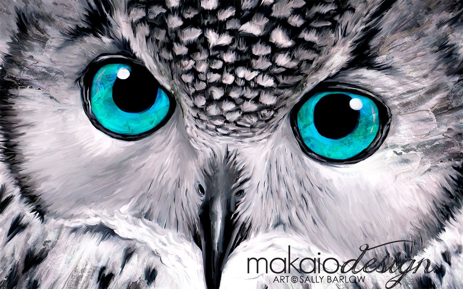 1500x938 Owl Painting Aqua Black And White With Pop Of Color Mixed Media - Black And White Owl Painting