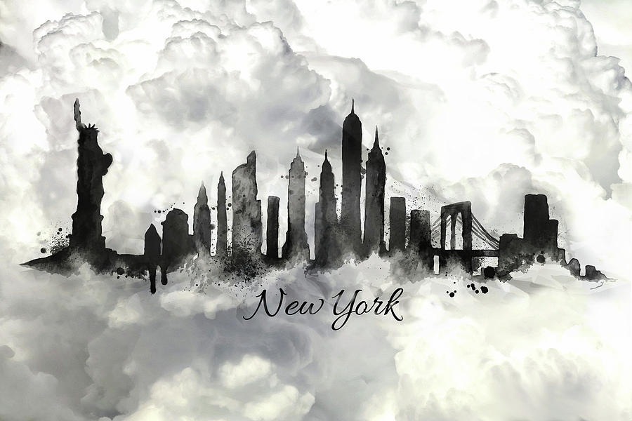 900x600 New York City Skyline In The Black And White Painting By Lilia D - Black And White Painting