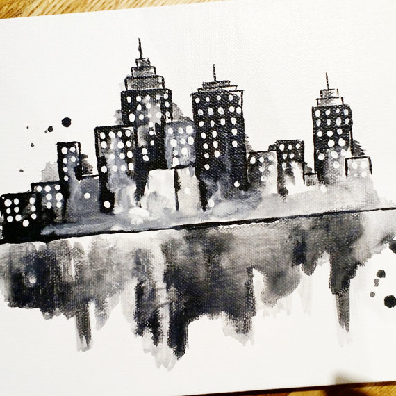 570x570 Abstract City Skyline Painting Black And White - Black And White Painting