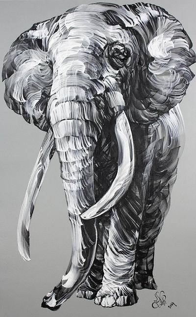 400x648 Thai Black And White On Grey Signed Painting - Black And White Painting