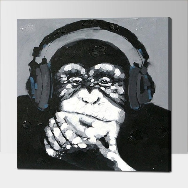 640x640 Hand Painted Listen Music Gorilla Canvas Oil Paintings Black White - Black And White Painting Images