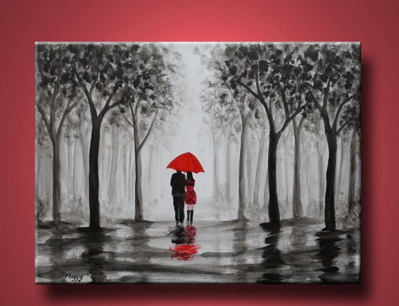 570x438 Original Abstract Painting,red Umbrella, Home Decor, Walking - Black And White Painting With Red