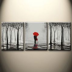 236x236 Black White Red Landscape Original Artwork Canvas Wall Art - Black And White Painting With Red Tree
