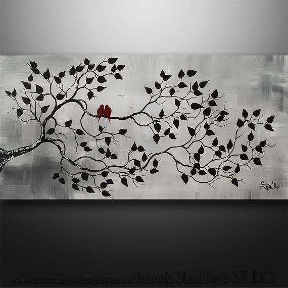 570x570 I Love This!!!! Abstract Landscape Tree Birds Painting Modern Art - Black And White Painting With Red Tree