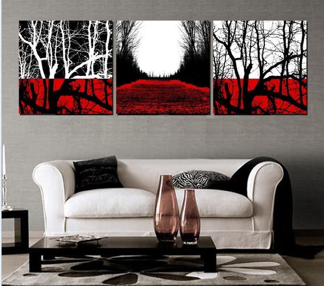 640x566 Online Shop Handmade 3 Piece Black White Red Abstract Landscape - Black And White Painting With Red Tree