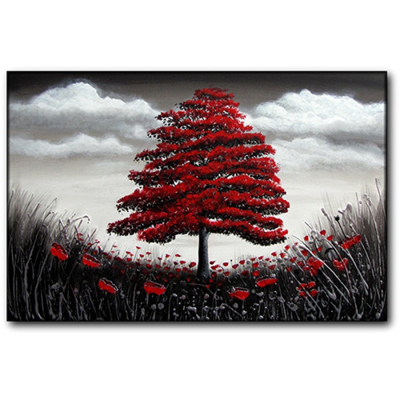 800x800 Red Tree In Poppy Meadow - Black And White Painting With Red Tree