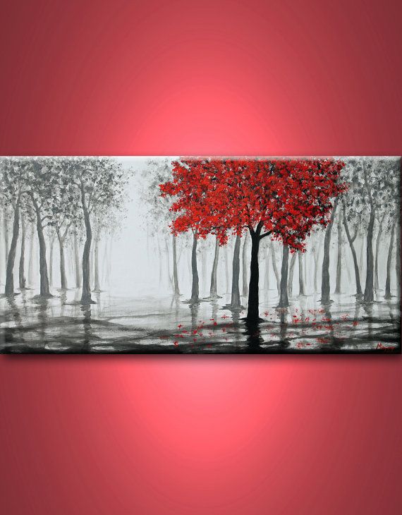 570x730 Red Tree, Rain,misty Forest,black White And Red,large Original - Black And White Painting With Red Tree